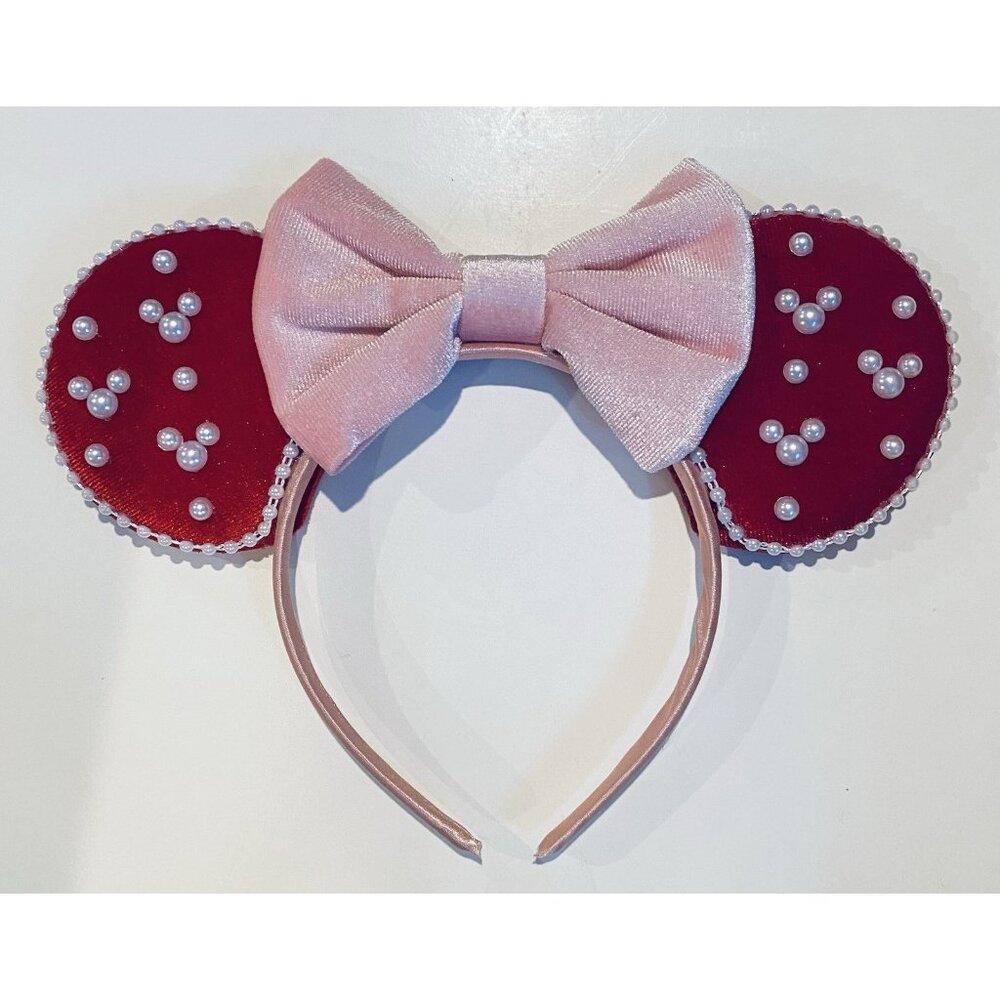 NEW PLUSH PINK & RED MOUSE EARS VALENTINE’S DAY Pearls Bow HEADBAND Hairpiece